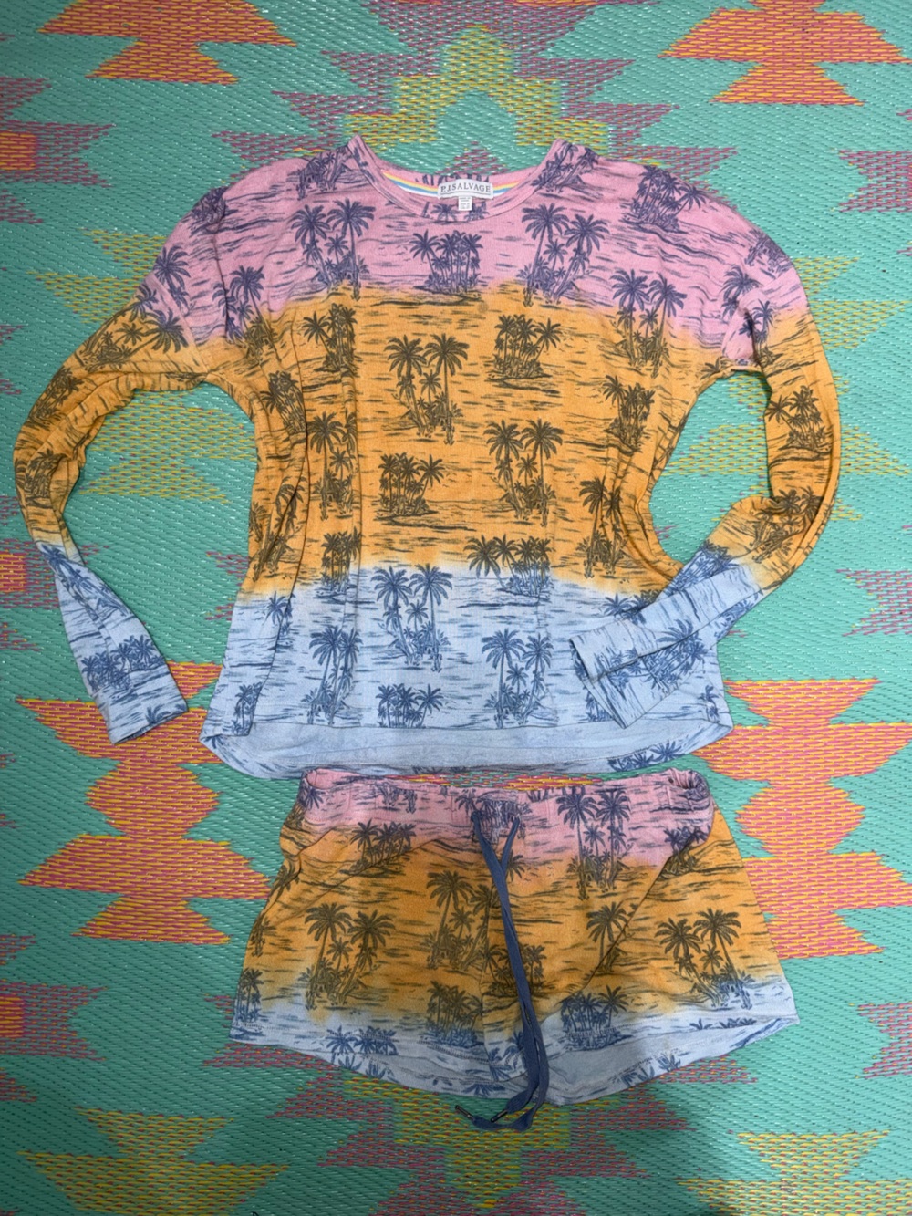 Women’s Tie-Dye Palm Print Long Sleeve Top and shorts - Yellow, Blue, Pink